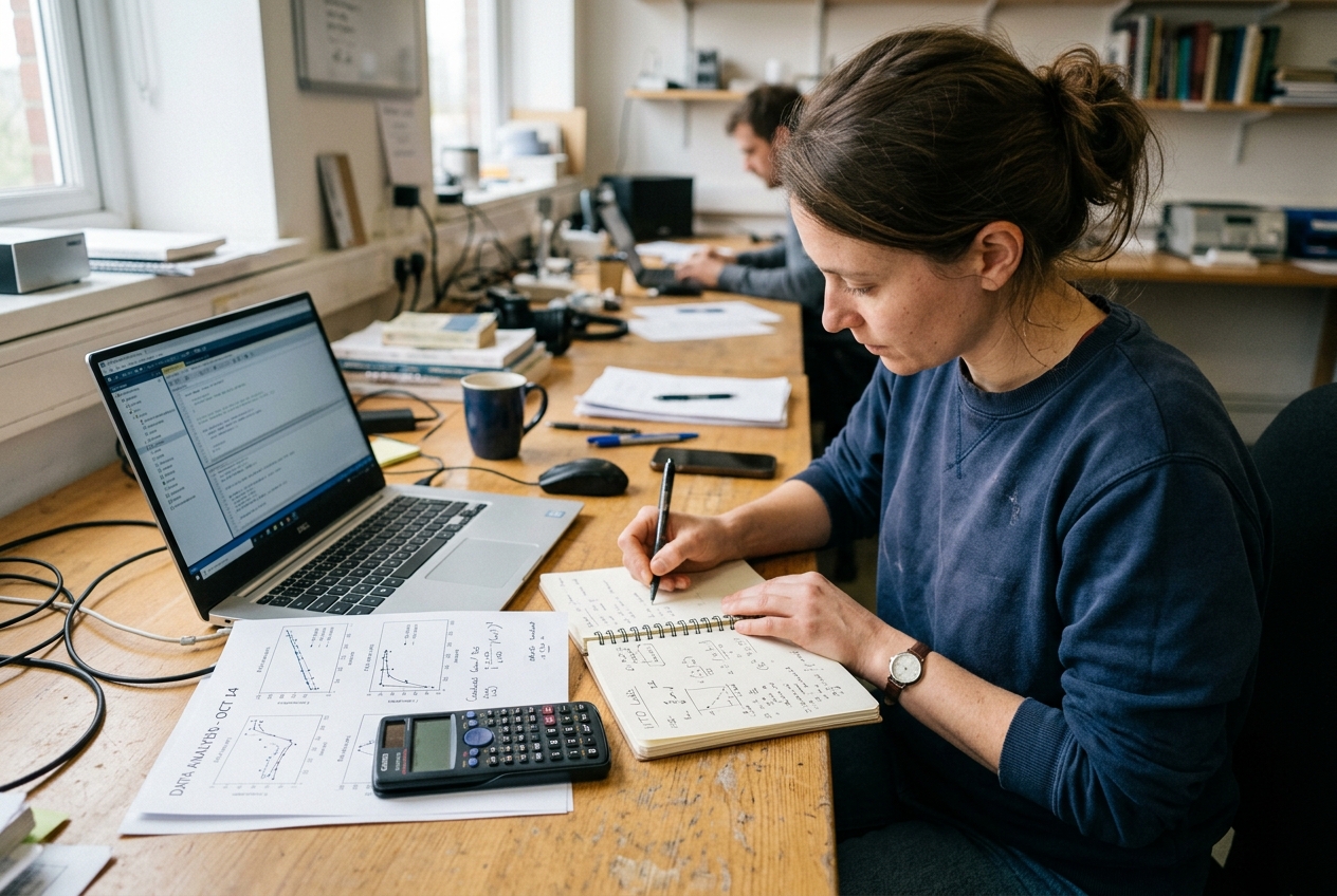 A woman planning at a desk with working notes, charts, a calculator, and a laptop