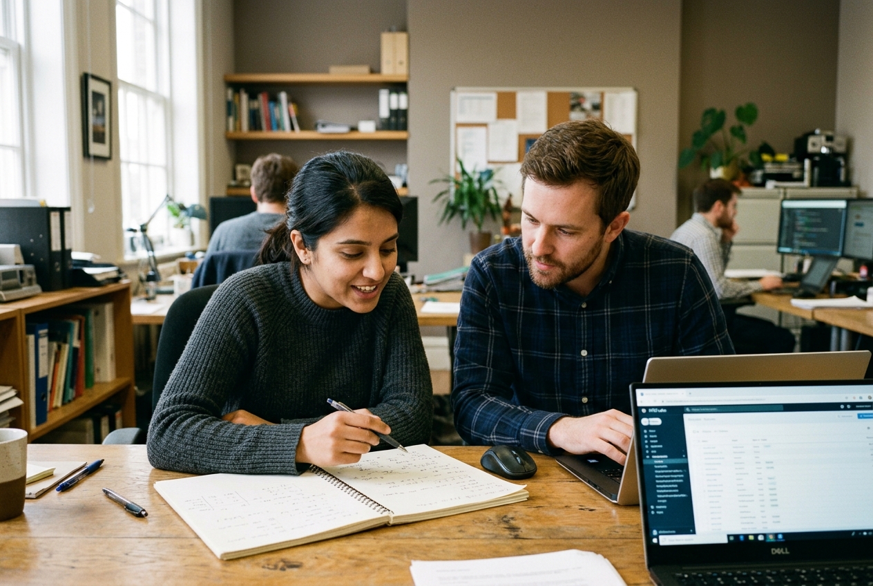 Two colleagues discussing their notes beside a laptop