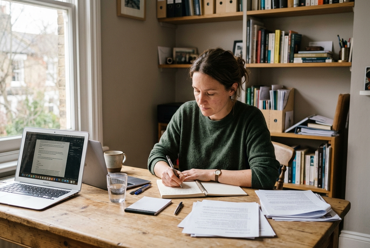 A woman writing in a notebook beside her laptop and printed project notes